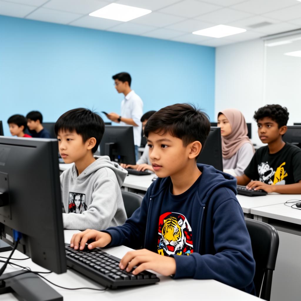 Students working at desktop computers in the training lab