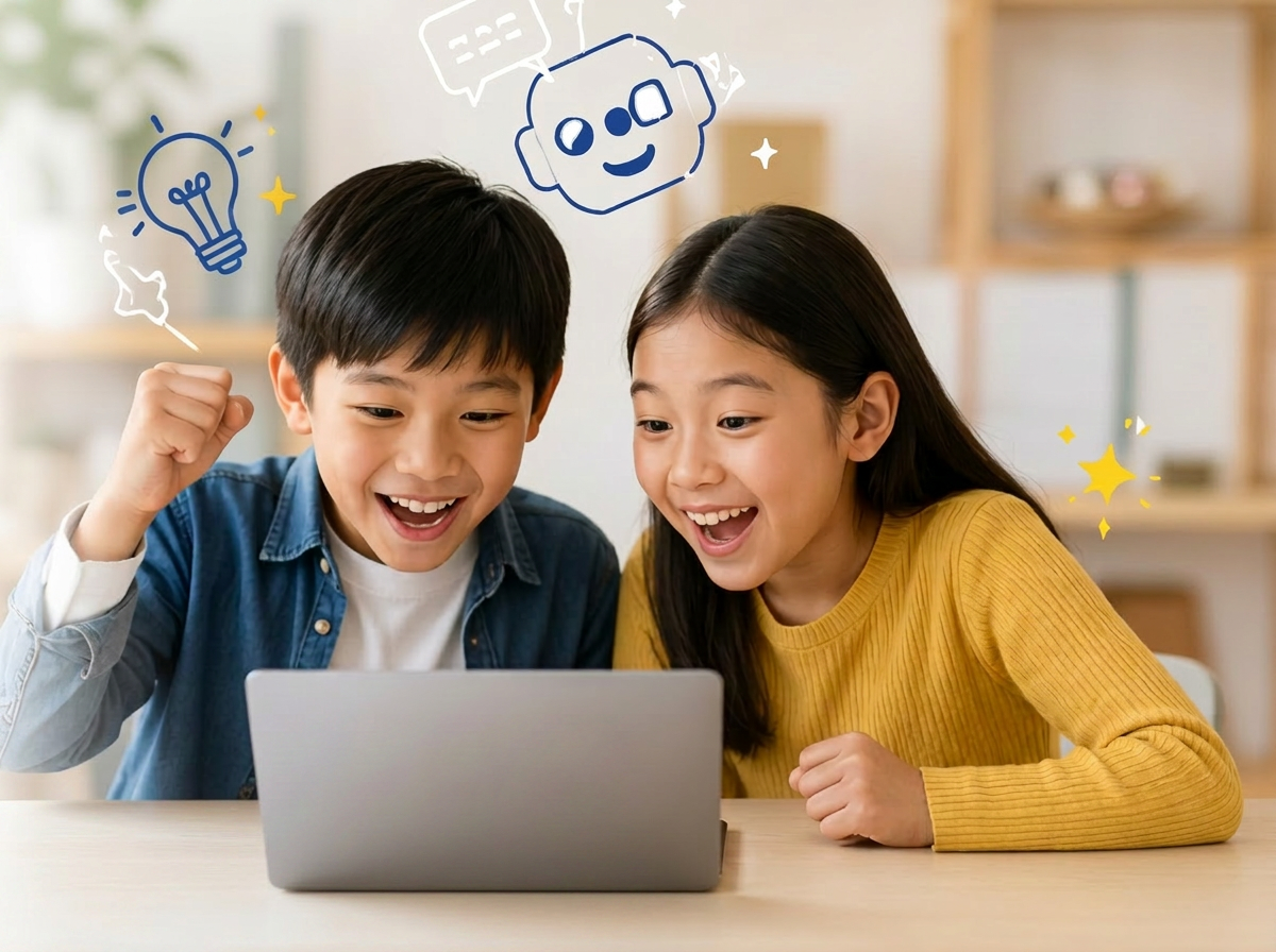 Two excited children learning with AI on a laptop at TechTots Digital Bootcamp